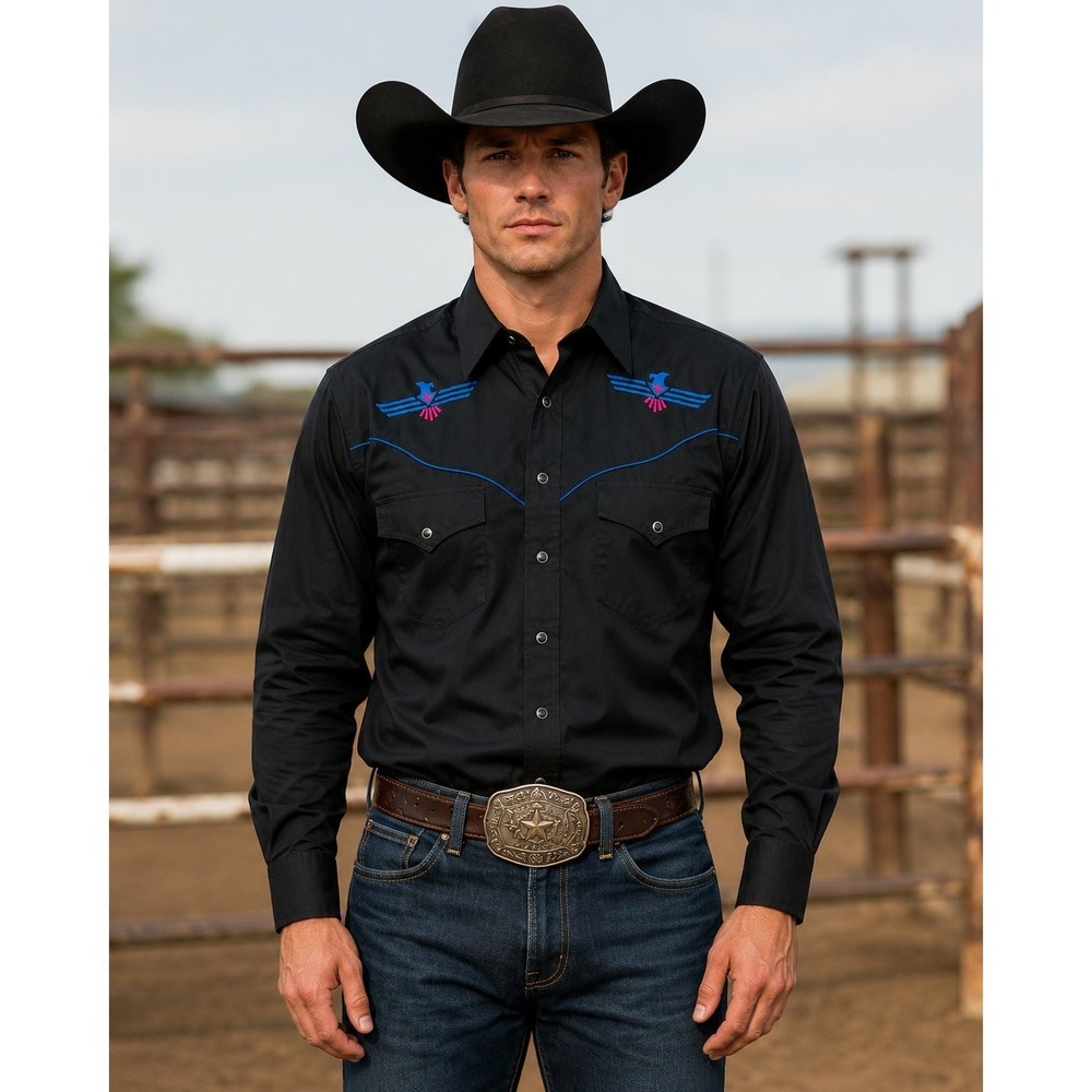 Ely Diamond Western Shirt Mens XL Black Embroidered Thunderbird Pearl Snap Rodeo